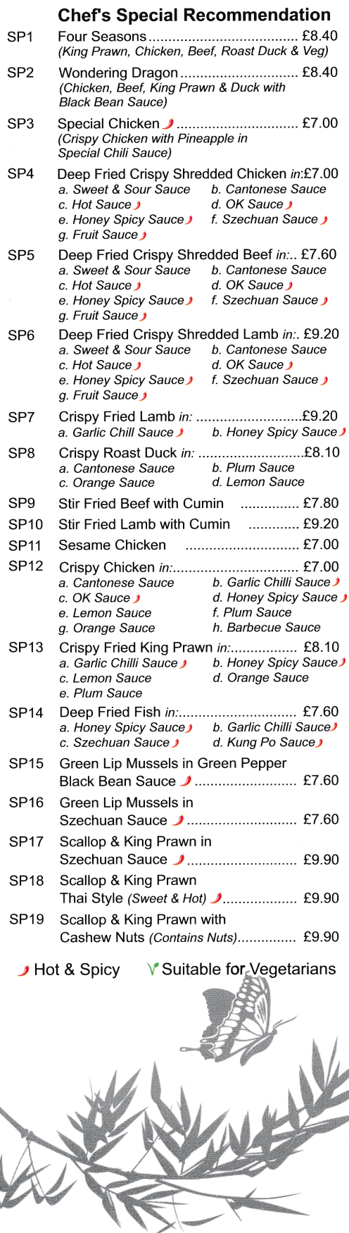 Menu for Chopstix Chinese takeaway (Szechuan, Kung Po, Satay Sauce, Black Pepper Sauce, Chop Suey, Cashew Nuts dishes..)