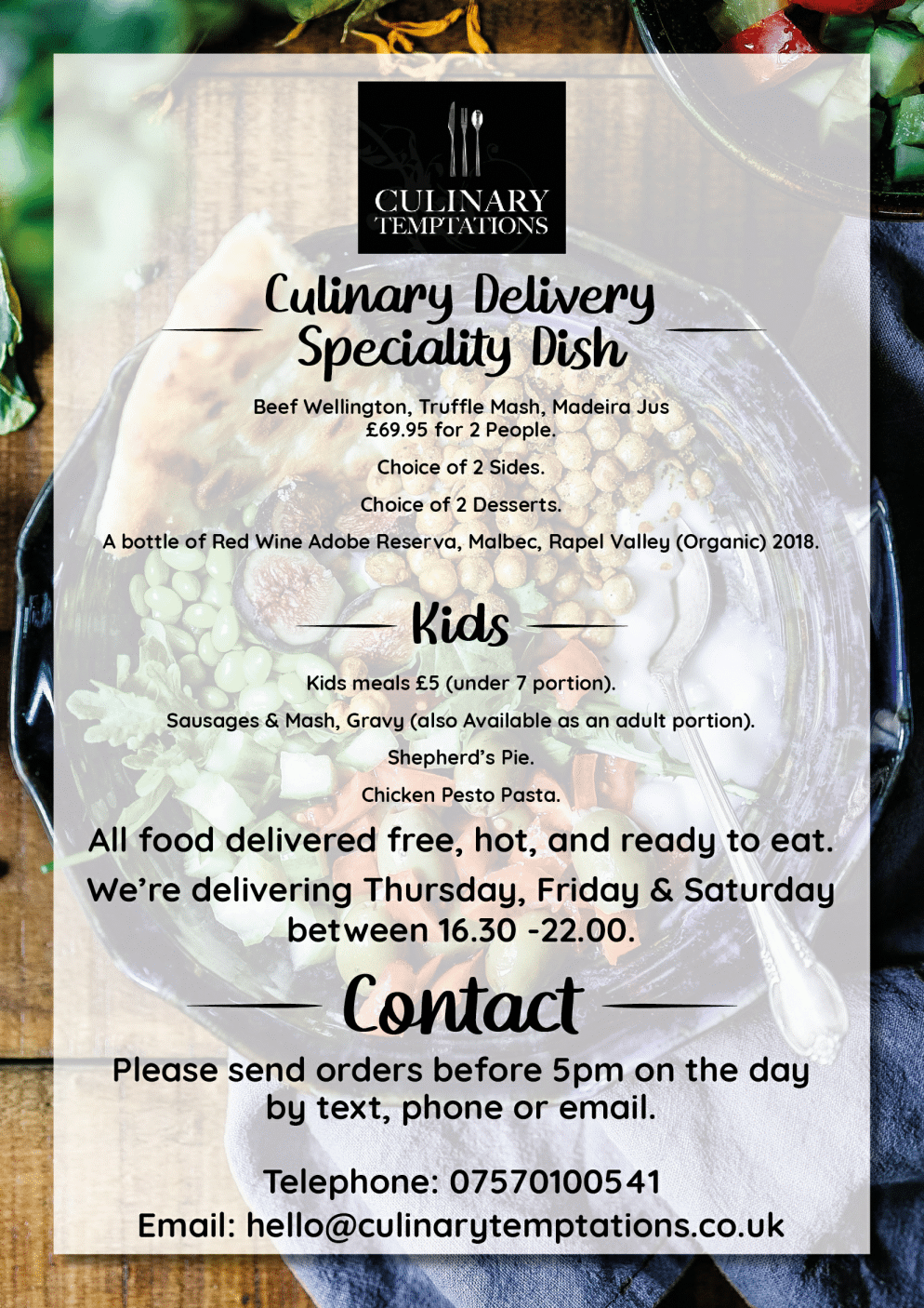 Menu for Culinary Temptations - Beef Wellington speciality dish, Kids menu..