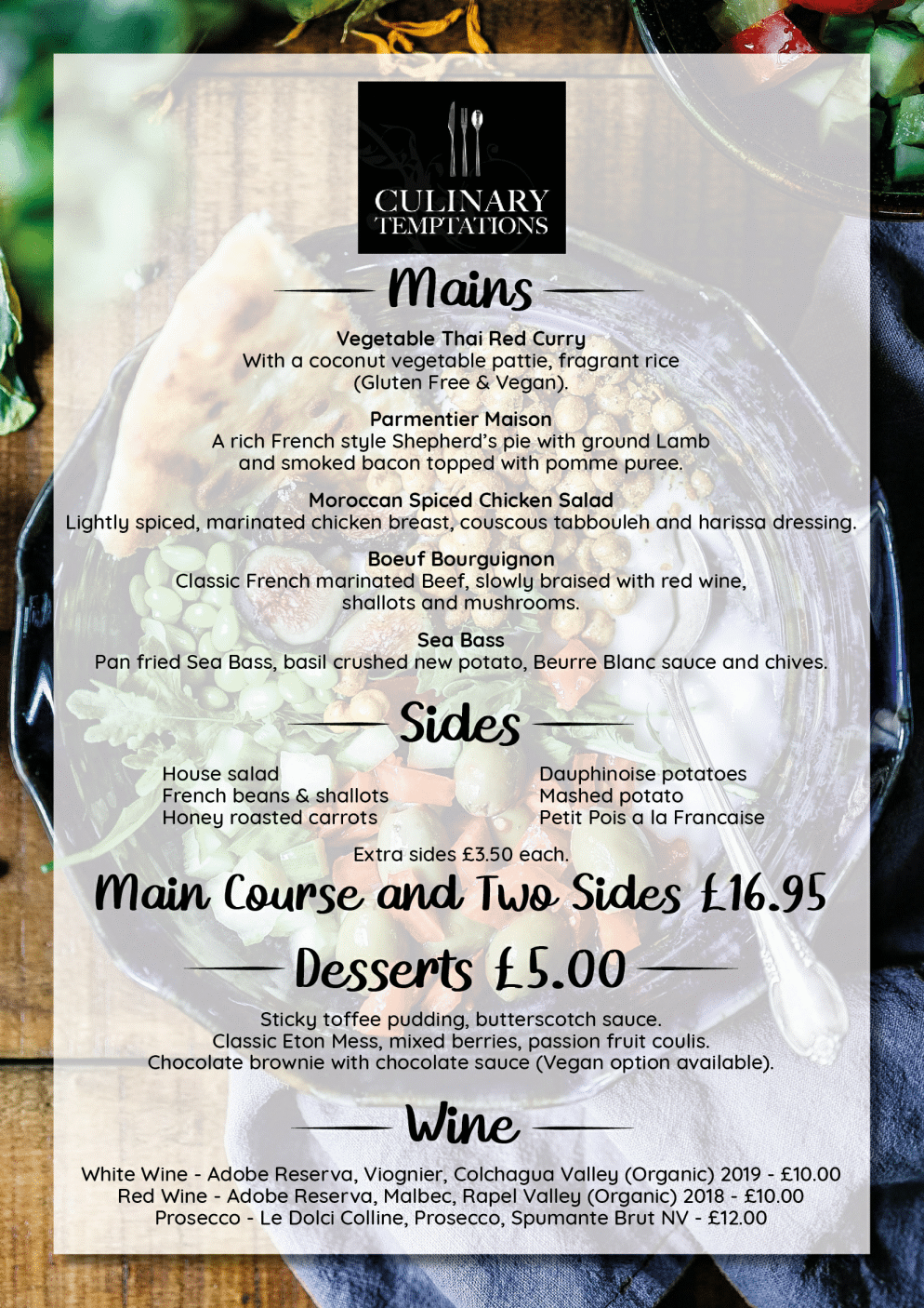 Menu for Culinary Temptations - Mains, Sides, Desserts, Wine