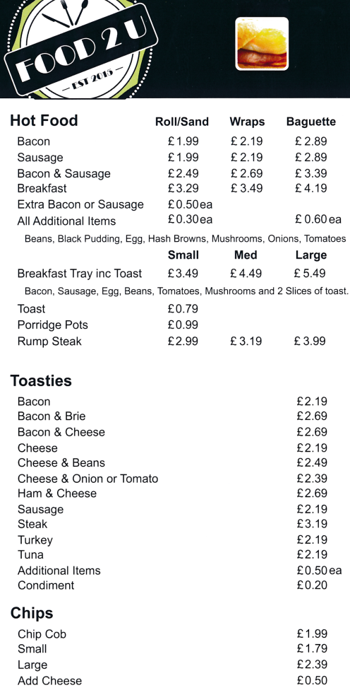 Menu for Food 2 U hot and cold food and snacks takeaway in Ilkeston, Derbyshire