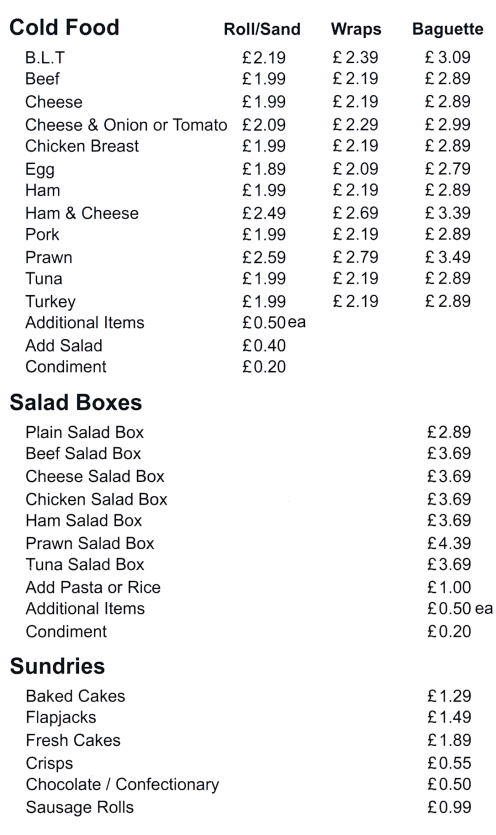 Menu for Food 2U in Ilkeston (rolls, wraps, sandwiches, baguettes, salads, burgers..)