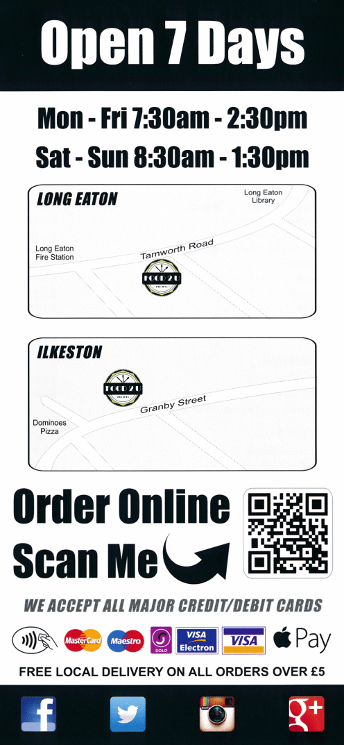 Menu for Food 2 U takeaway on Granby Street in Ilkeston