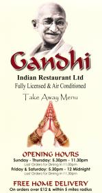Takeaway menu for Gandhi Indian restaurant on Borough Street in Castle Donington DE74 2LA