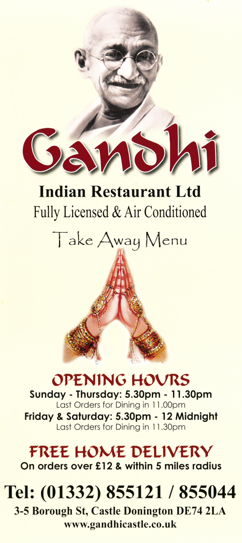 Takeaway menu for Gandhi Indian restaurant on Borough Street in Castle Donington DE74 2LA