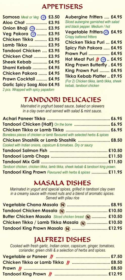 Takeaway menu for Gandhi Indian restaurant on Borough Street in Castle Donington DE74 2LA