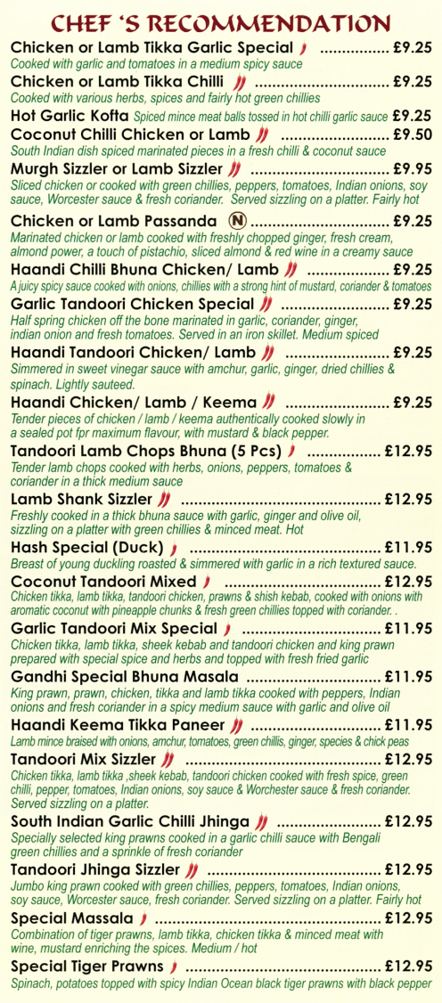 Takeaway menu for Gandhi Indian restaurant on Borough Street in Castle Donington DE74 2LA