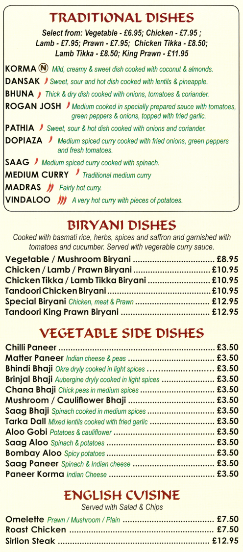 Takeaway menu for Gandhi Indian restaurant on Borough Street in Castle Donington DE74 2LA