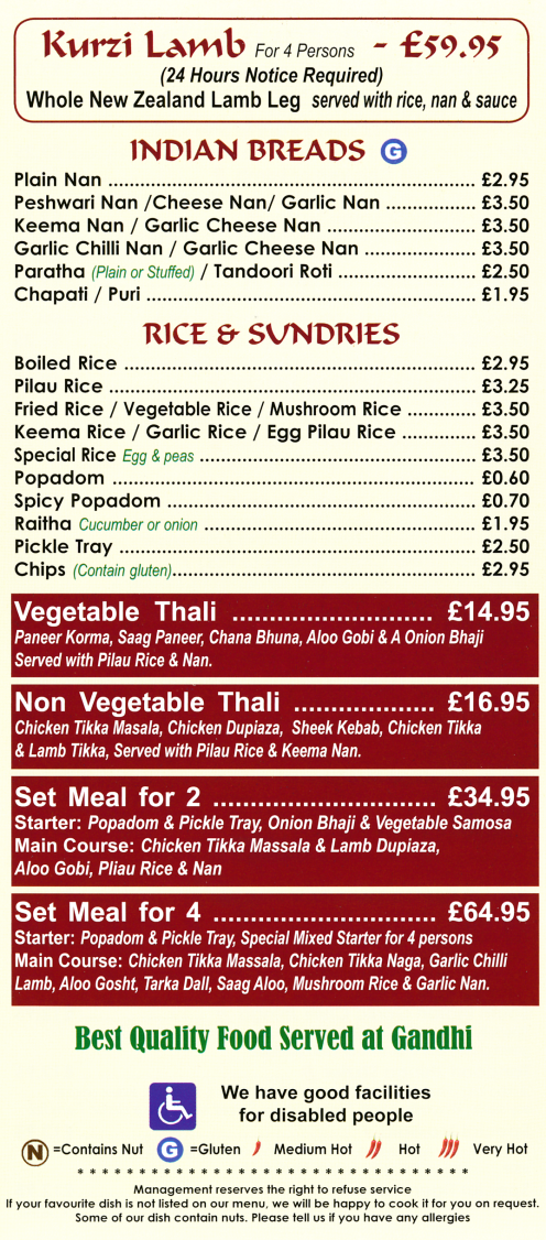 Takeaway menu for Gandhi Indian restaurant on Borough Street in Castle Donington DE74 2LA