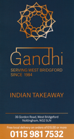 Menu for Gandhi Indian takeaway on Gordon Road in West Bridgford, Nottingham NG2 5LN