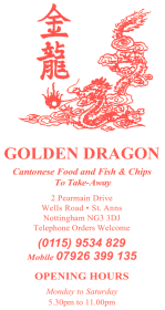 Menu for Golden Dragon Chinese takeaway on Permain Drive in Nottingham NG3 3DJ