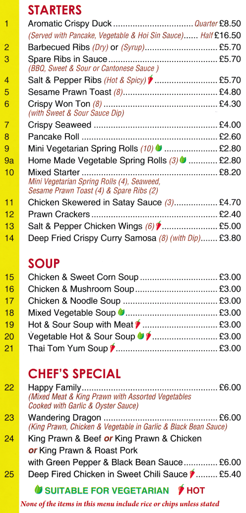 Hoi Shan Chinese takeaway and delivery menu (Aromatic Crispy Duck, Pancake Roll, Happy Family, Wandering Dragon..)