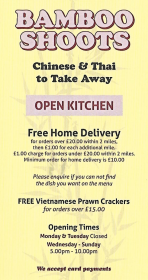 Menu for Bamboo Shoots Chinese takeaway on Priestic Road in Sutton-In-Ashfield, Nottinghamshire NG17 4EB