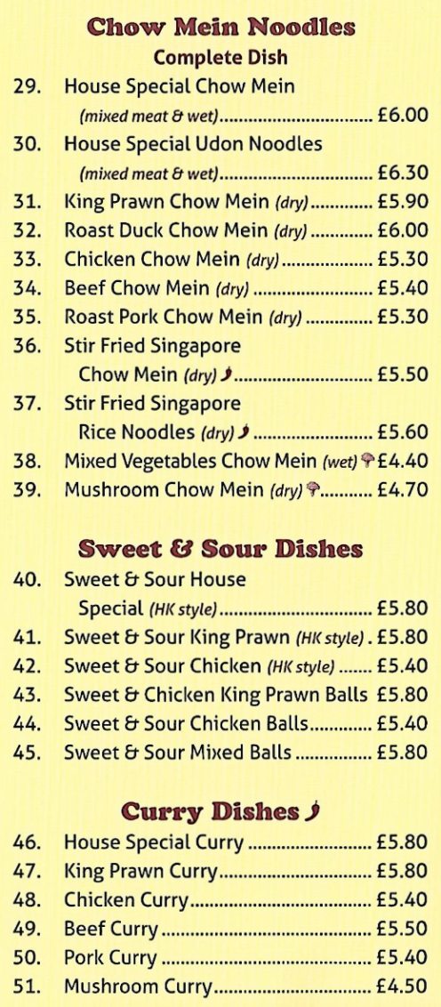 Menu for Bamboo Shoots - Chicken Chow Mein, Sweet & Sour Chicken Balls, Beef Curry, Sweet & Sour King Prawn, Roast Pork Chow Mein..