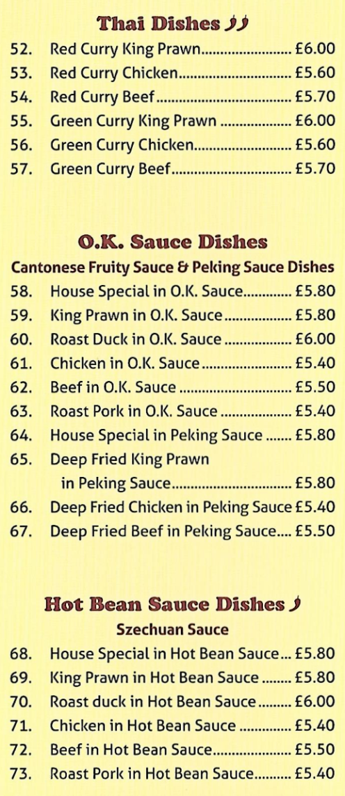 Menu for Bamboo Shoots Chinese takeaway in Sutton-In-Ashfield - Red Curry Beef, Chicken in O.K. Sauce, Roast Duck in Hot Bean Sauce, Green Curry Chicken, House Special in Peking Sauce..