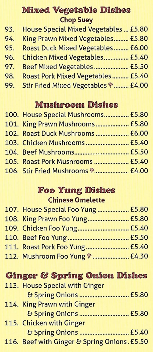 Menu for Bamboo Shoots - Mushroom Foo Yung, Beef Mushrooms, Stir Fried Mixed Vegetables, King Prawn with Ginger and Spring Onions..