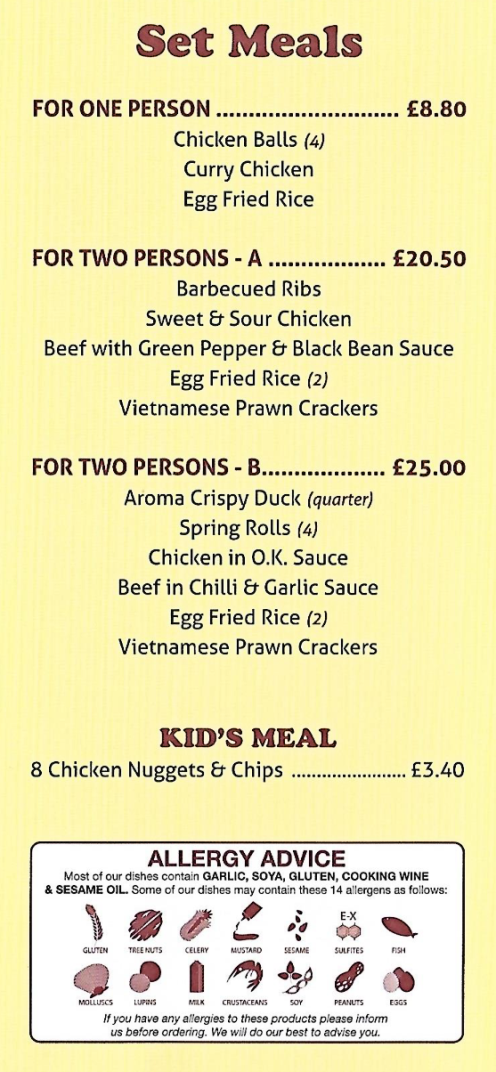 Menu for Bamboo Shoots Chinese and Thai food takeaway and delivery in Sutton In Ashfield