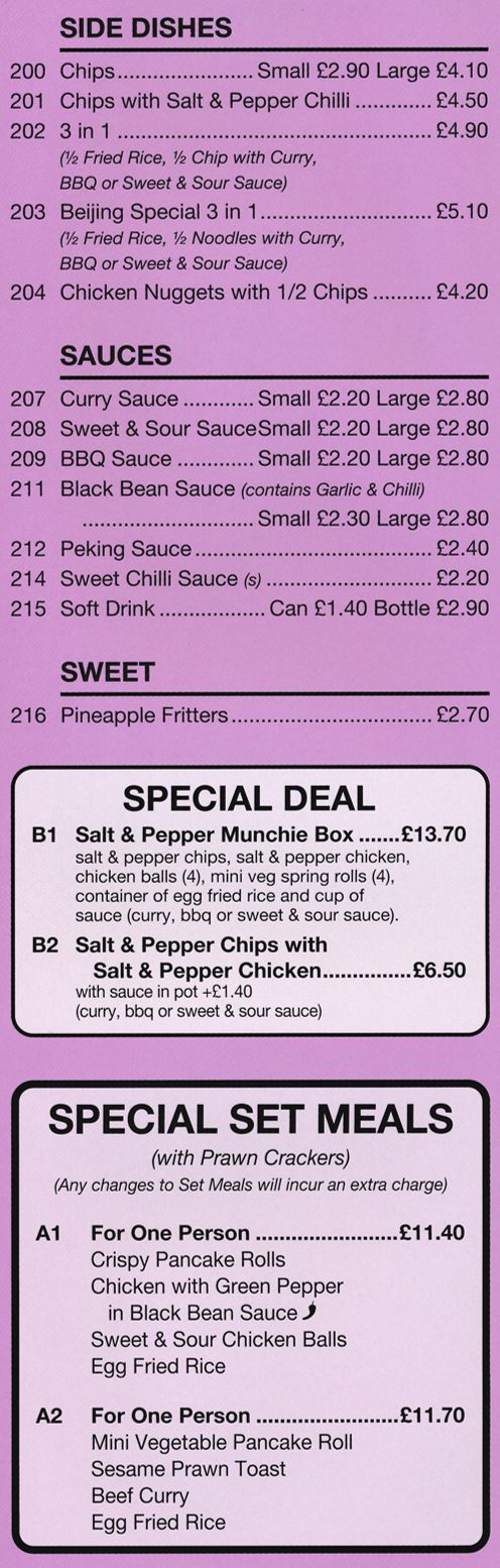 Menu for Beijing Garden Chinese and Cantonese food takeaway on Andover Road in Nottingham NG5 5FF - Set Meals