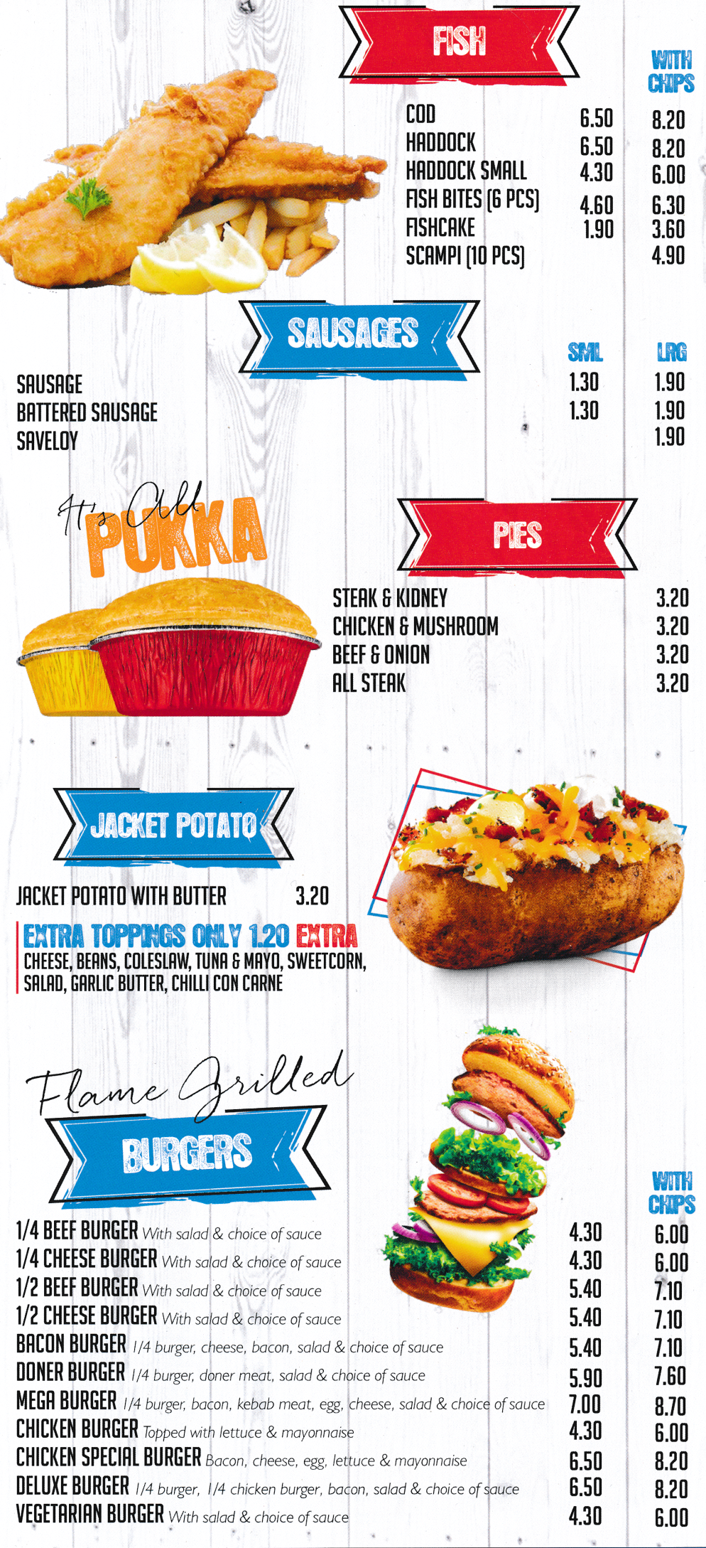 Menu for Billy's World Of Food - Jacket Potatoes, Pukka Pies, Cod, Haddock, Cheese Burger, Beef Burger, Chicken Burger..