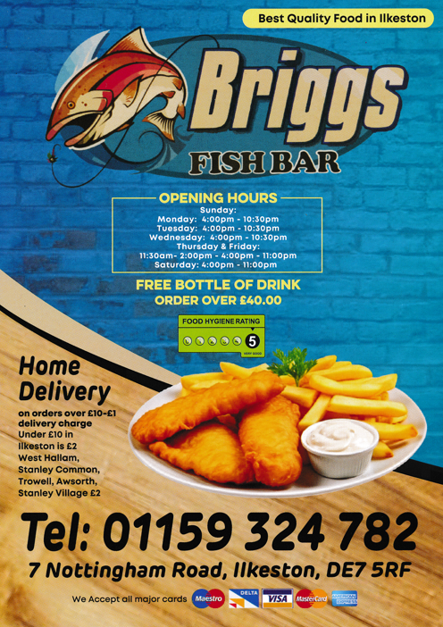 Menu for Briggs Fish Bar - fish and chips, pizzas, kebabs, wraps, burgers takeaway in Ilkeston