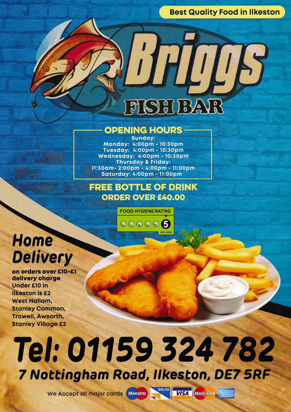 Menu for Briggs Fish Bar - fish and chips, pizzas, kebabs, wraps, burgers takeaway in Ilkeston