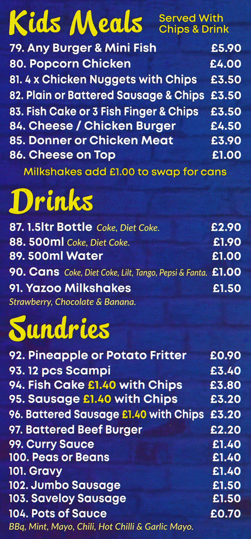 Menu for Briggs Fish Bar in Ilkeston, Derbyshire - Special Offers, Drinks, Kids Meals, Nans, Sundries..