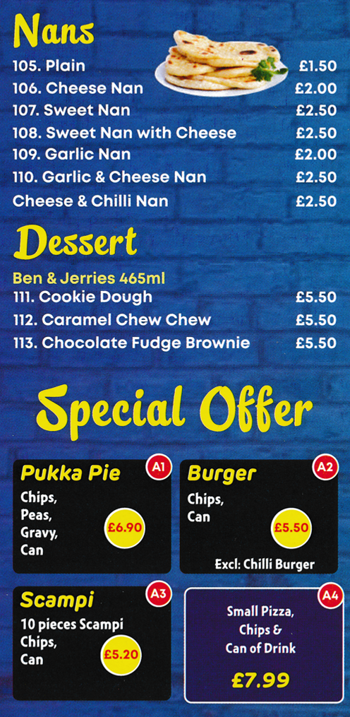 Takeaway menu for Briggs Fish Bar in Ilkeston, Derbyshire - Special Offers.