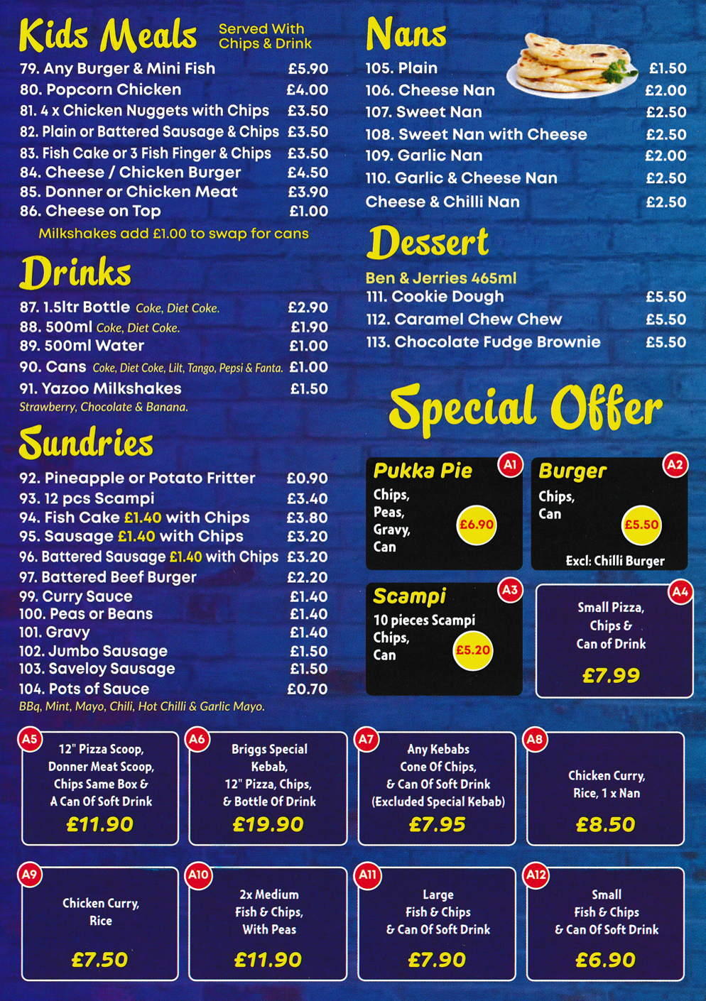 Menu for Briggs Fish Bar in Ilkeston, Derbyshire - Special Offers, Drinks, Kids Meals, Nans, Sundries..