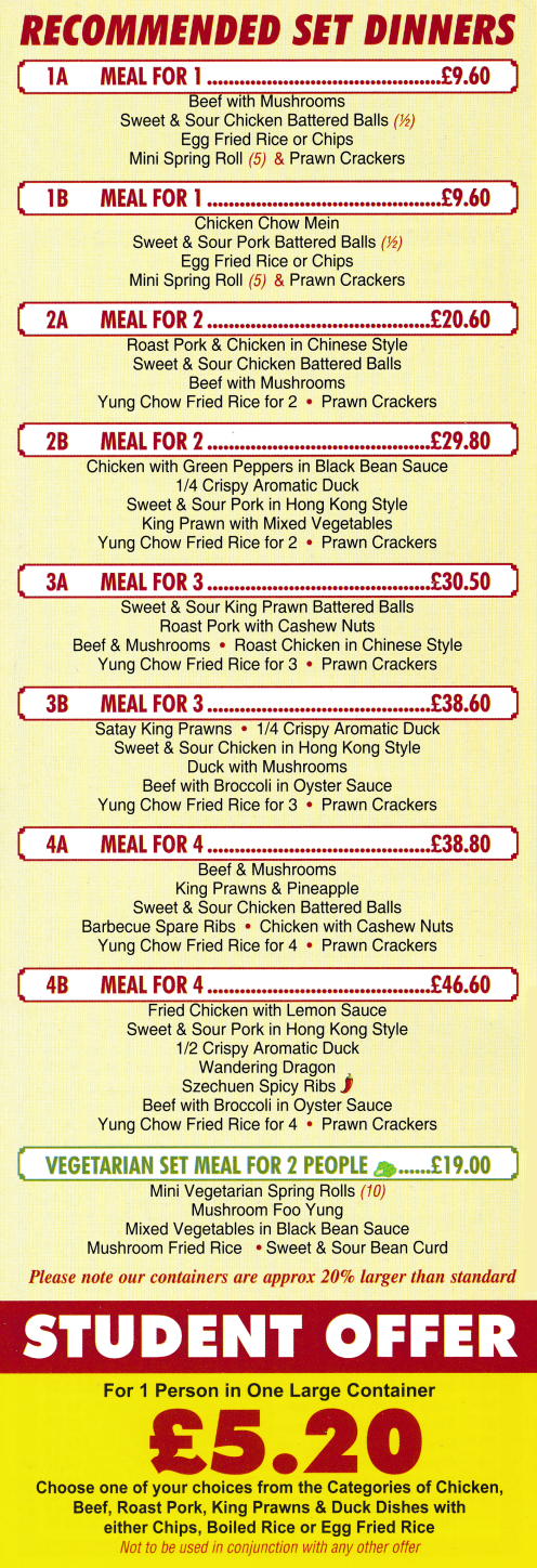 Menu for Canton Chef Chinese takeaway and delivery in Lenton, Nottingham