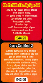 Menu for Chefs Villa pizza, curry, kebab and fast food takeaway on Roper Avenue in Heanor DE75 7DA