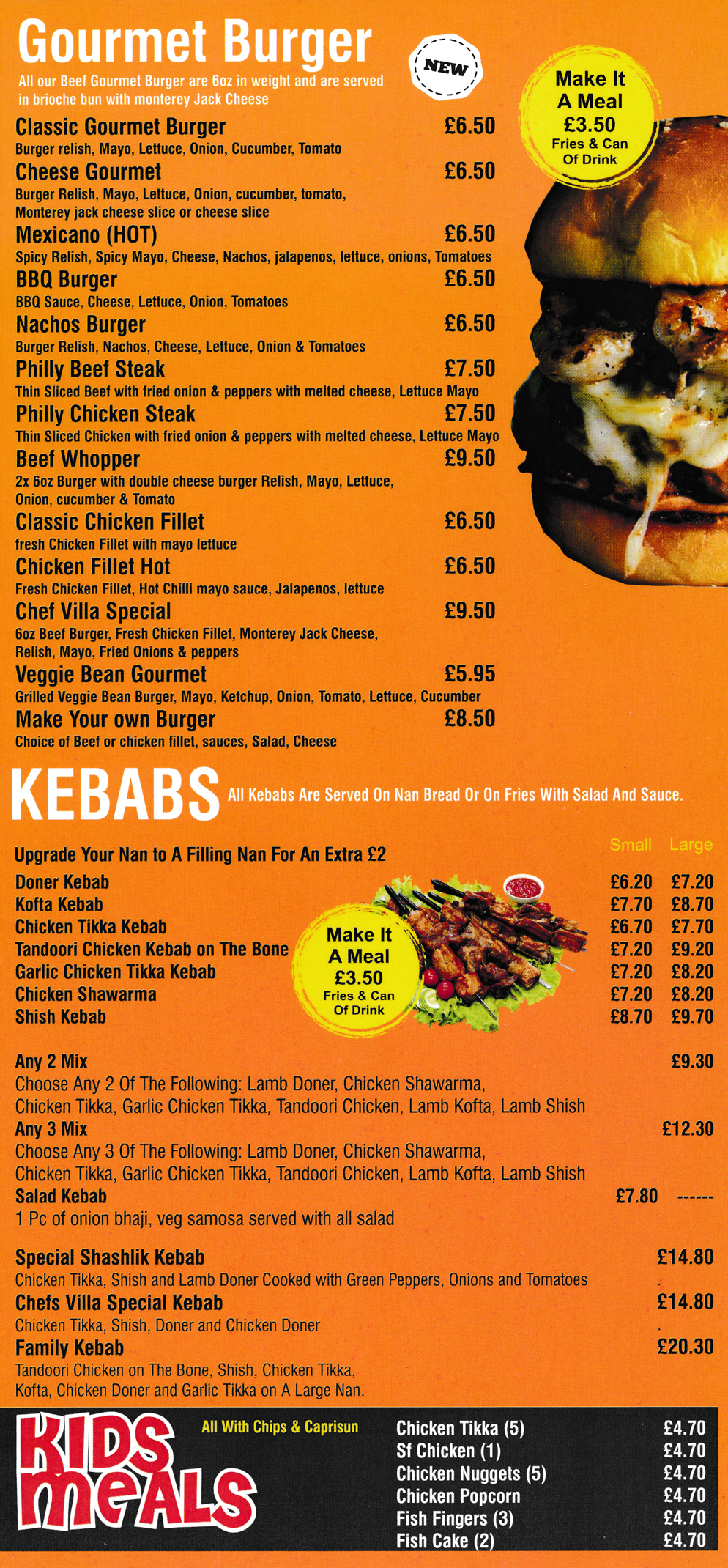 Menu for Chefs Villa in Heanor - Kebabs and Gourmet Burgers