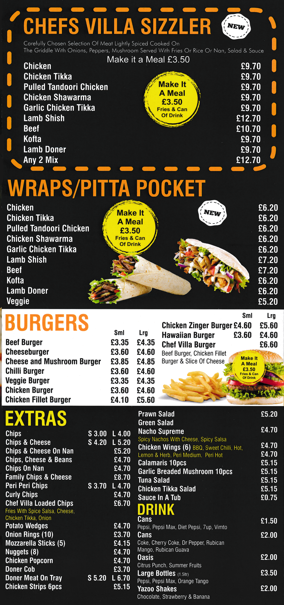 Takeaway and delivery menu for Chefs Villa on Roper Avenue in Heanor, Derbyshire DE75 7DA