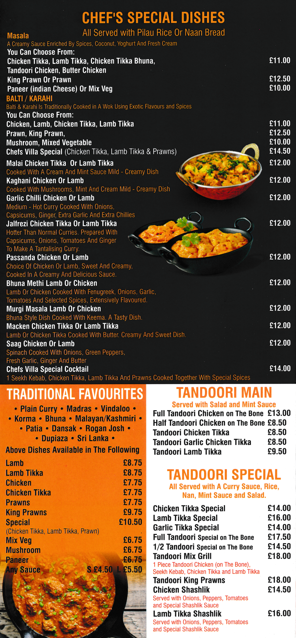 Menu for Chefs Villa pizza, curry and fast food takleaway on Roper Avenue in Heanor, Derbyshire DE75 7DA