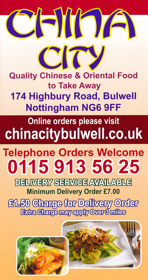 Menu for China City Chinese food takeaway on Highbury Road in Nottingham NG6 9FF