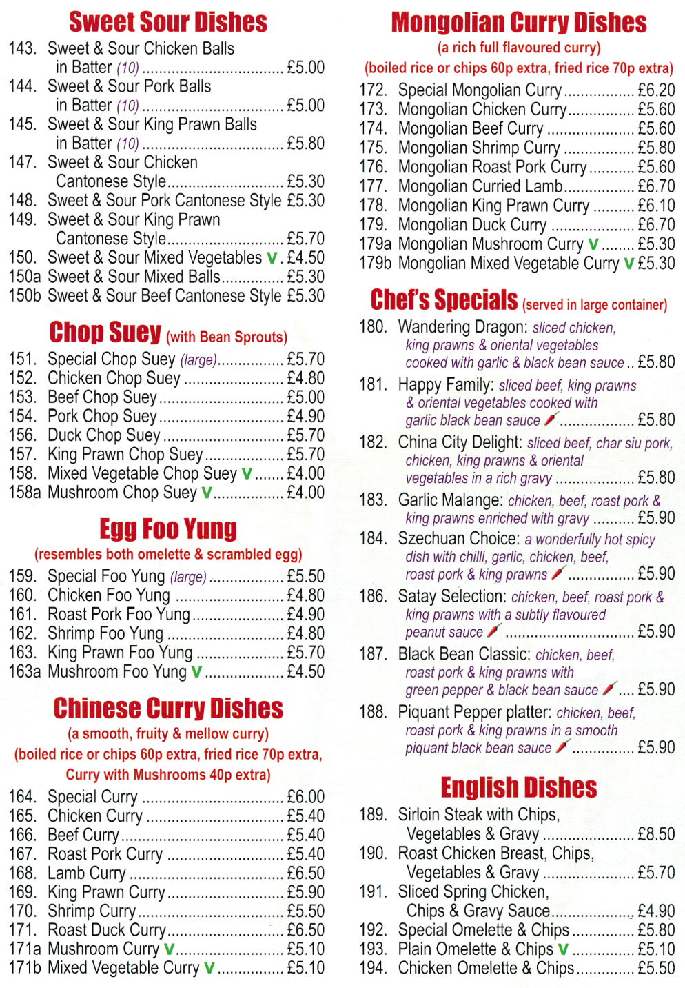 Menu for China City Chinese and Cantonese cuisine takeaway and delivery in Eastwood