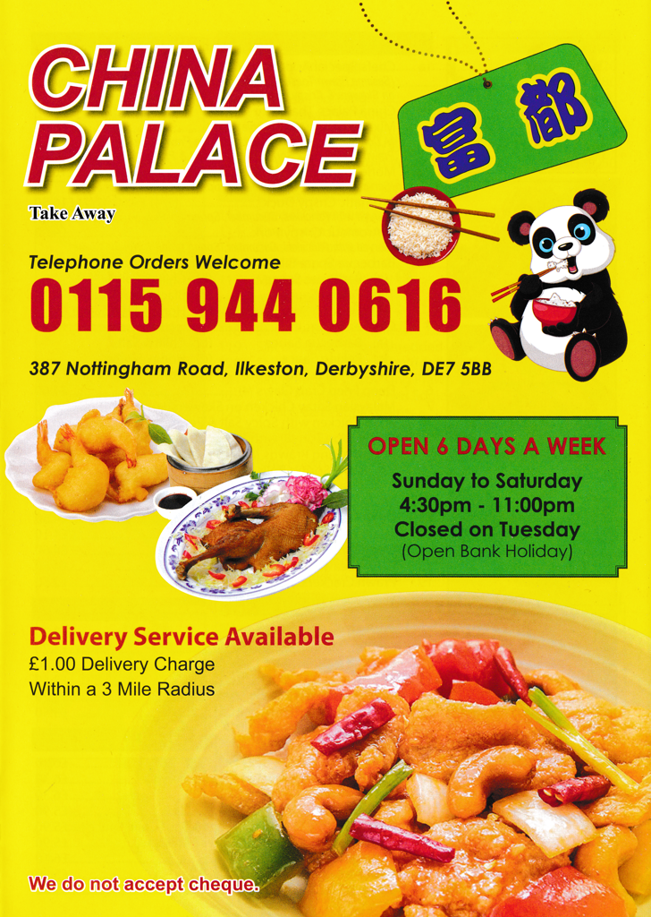 Menu for China Palace; Chinese, Cantonese, Peking and Thai food takeaway in Ilkeston