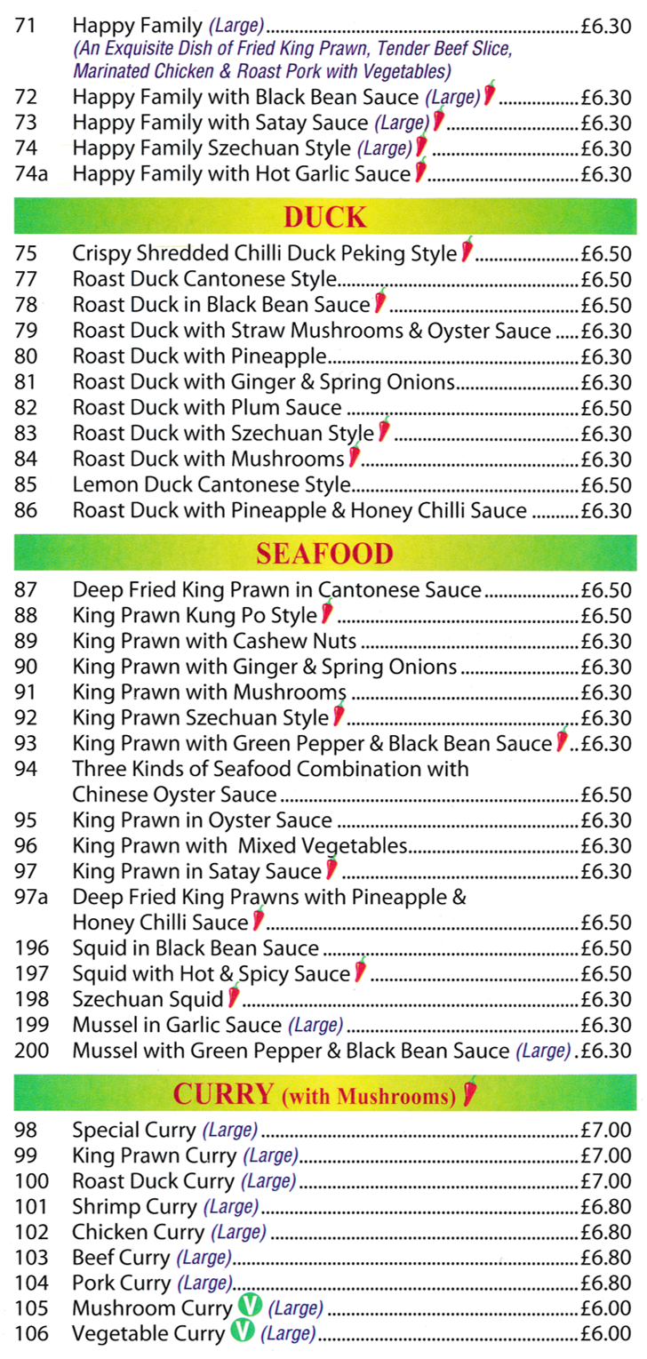 Menu for China Palace - Chinese Curry Dishes, Seafood Dishes, Duck Dishes