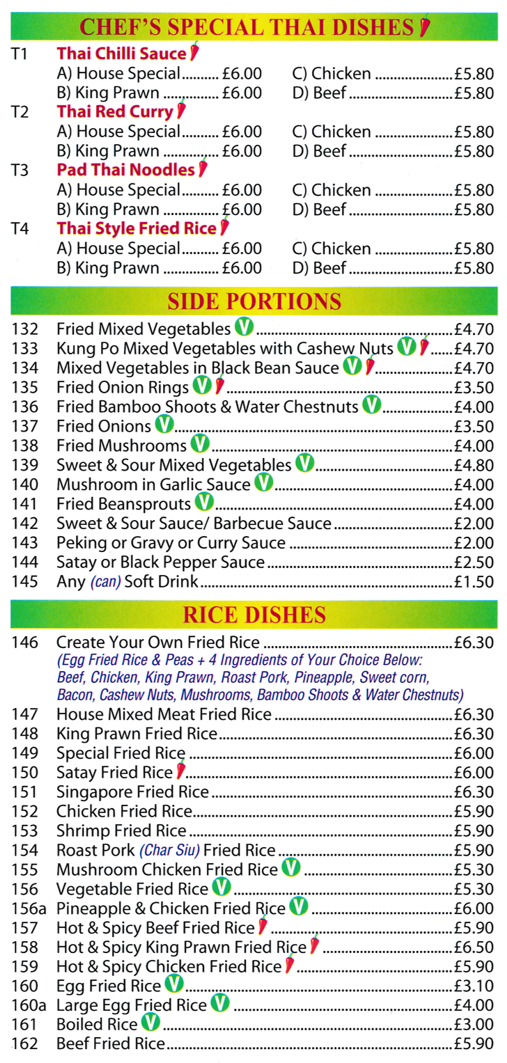 Menu for China Palace - Chef's Special Thai Dishes, Side Portions, Rice Dishes