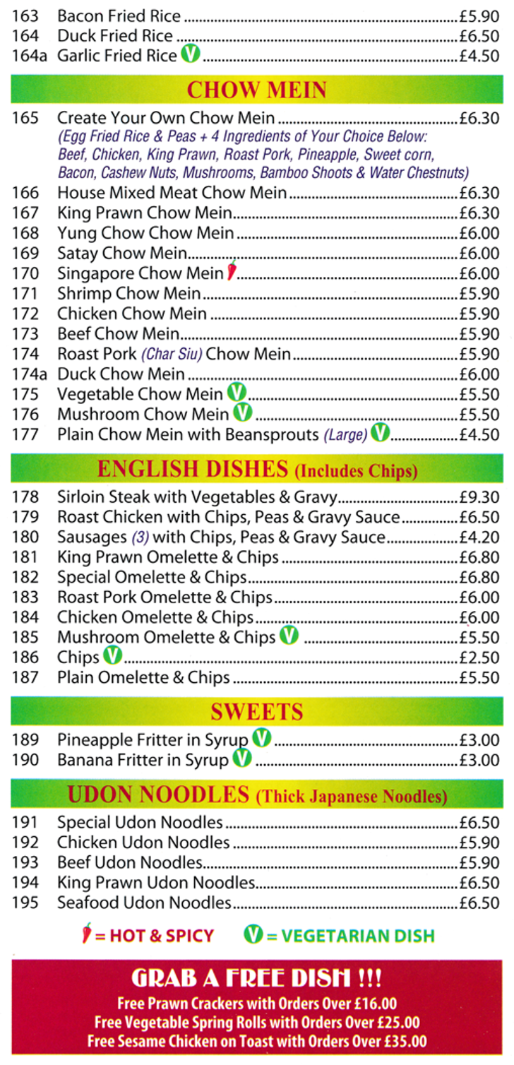 Menu for China Palace Chinese takeaway in Ilkeston, Derbyshire - English Dishes, Udon Noodle Dishes, Chow Mein, Sweets..