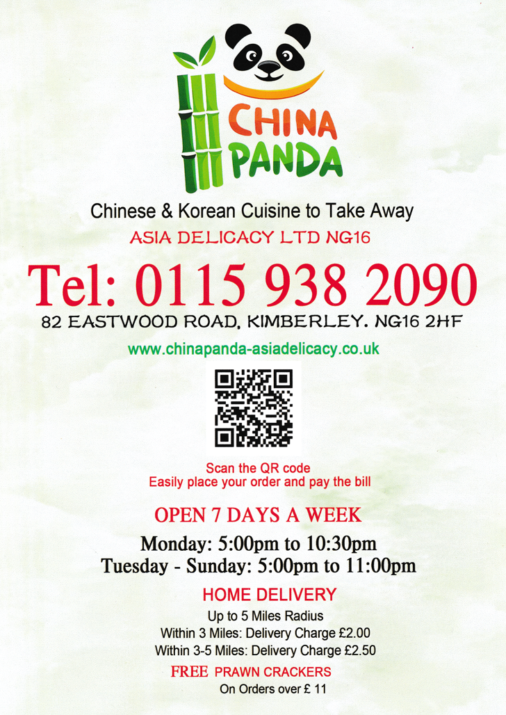 Menu for China Panda Chinese, Thai and Korean food takeaway and delivery in Kimberley near Nottingham
