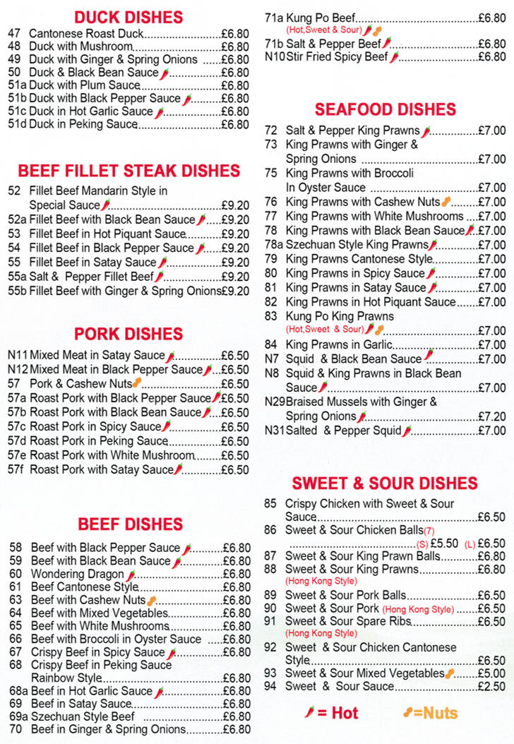 Menu for China Panda in Kimberley - dishes include; Wonderging Dragon, Crispy Beef in Peking Sauce Rainbow Style, Roast Pork with Satay Saucwe, Duck in Hot Garlic Sauce, Squid and Black Bean Sauce, Sweet & Sour Pork Balls, King Prawns in Hot Piquant Sauce, Stir Fried Spicy Beef, Sweet & Sour Chicken Cantonese Style..