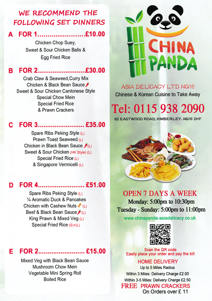 Menu for China Panda in Kimberley - dishes include; Set Dinners