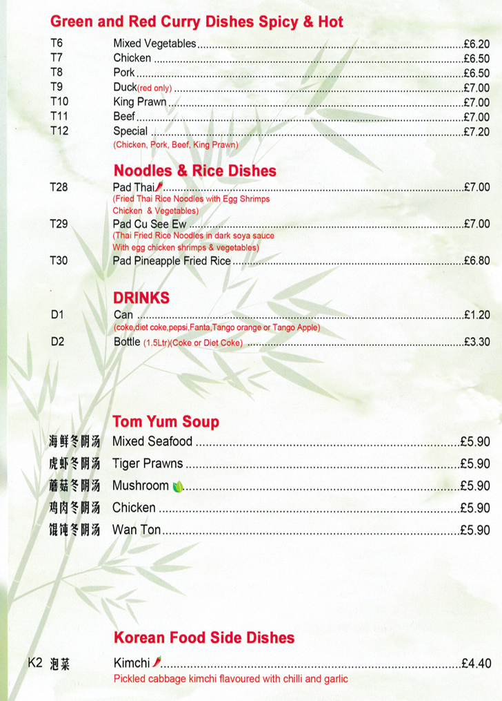 Menu for China Panda Menu for China Panda in Kimberley - dishes include; Pad Thai, Duck Red or Green Curry, Kimchi, Tiger Praw Tom Yum Soup, Pad Cu See Ew..