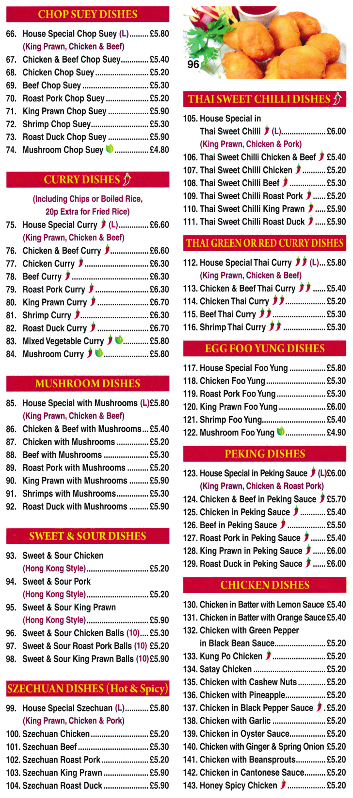Menu for China Red - Honey Spicy Chicken, Beef in Peking Sauce, Thai Sweet Chilli King Prawn, Roast Duck Chop Suey, Sweet & Sour Pork..