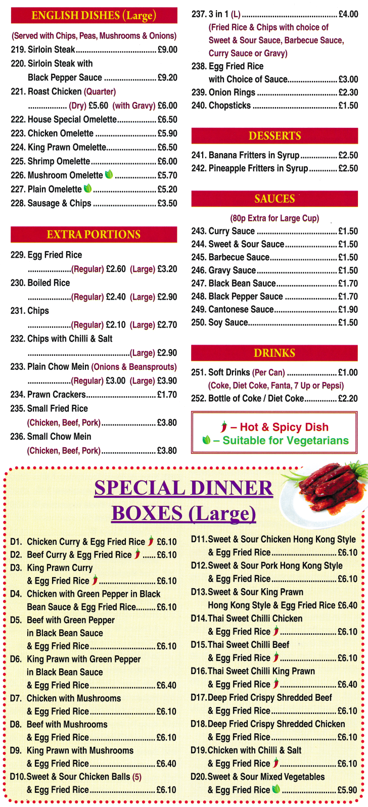 Menu for China Red Chinese and Thai food takeaway and delivery in Ilkeston