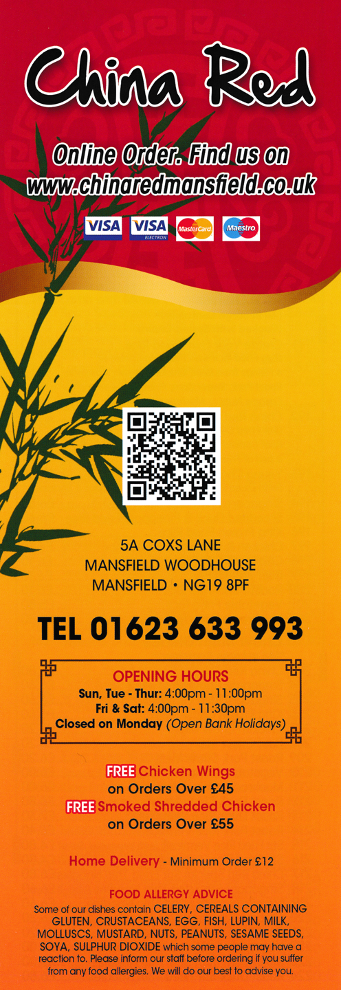 China Red takeaway menu Menu for China Red Chinese food takeaway and delivery in Mansfield Woodhouse, Nottinghamshire NG19 8PF