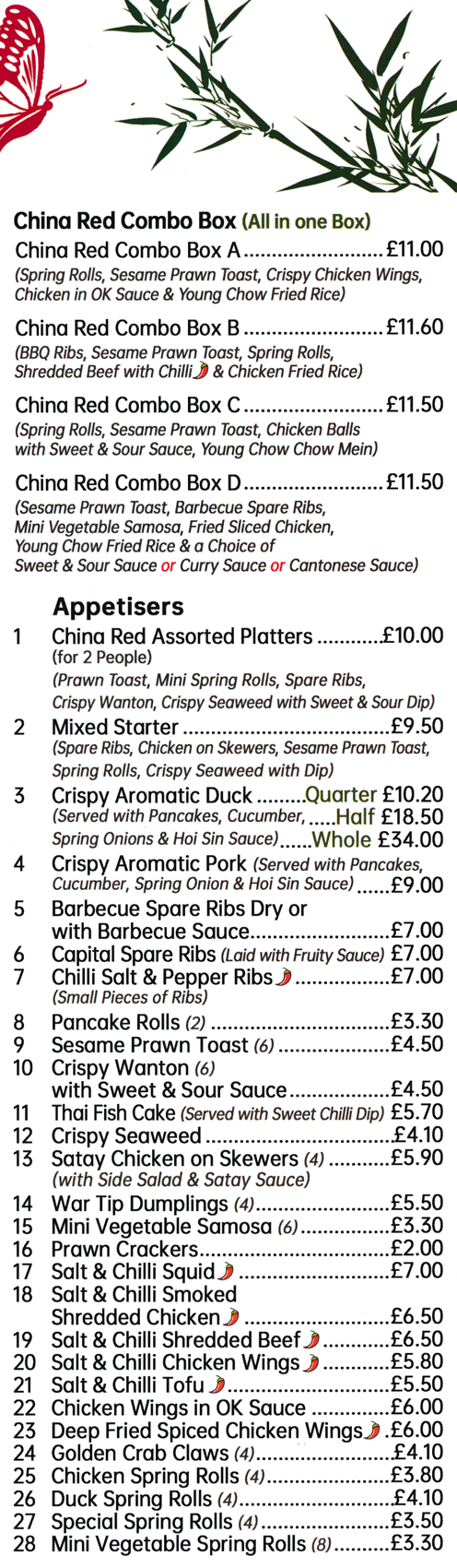 China Red takeaway menu Menu for China Red Chinese takeaway (Crispy Aromatic Duck, Capital Spare Ribs, Crispy Wanton, Pancake Rolls, Satay Chicken on Skewers..)