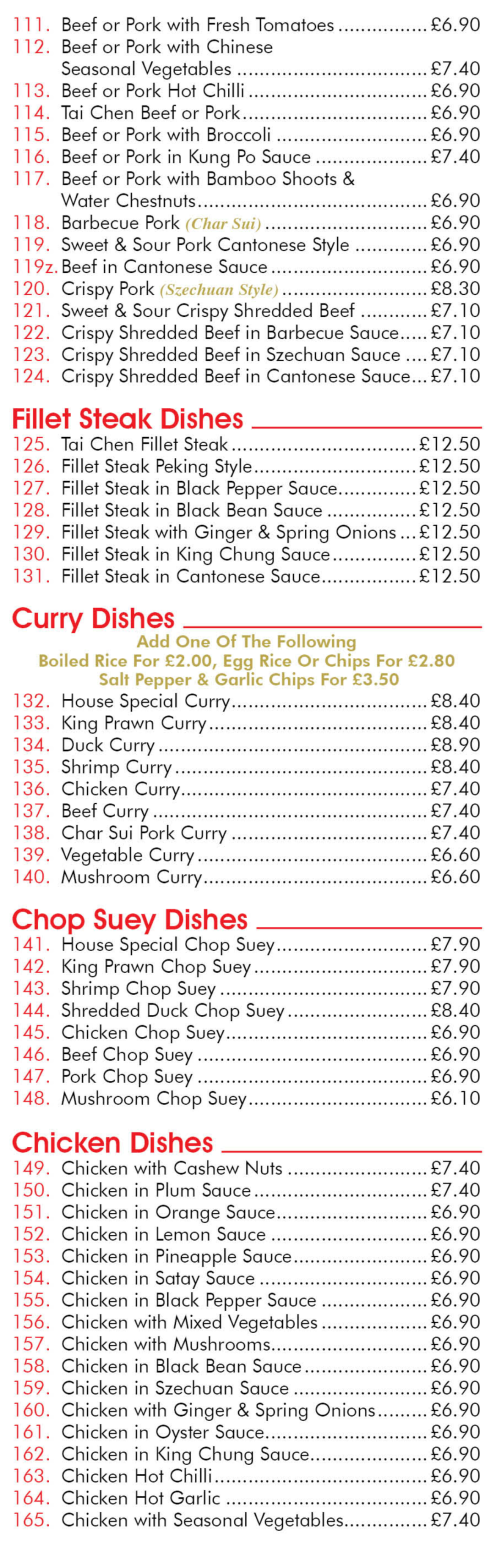 Takeaway menu for China Rose Cantonese restaurant in Rainworth near Mansfield