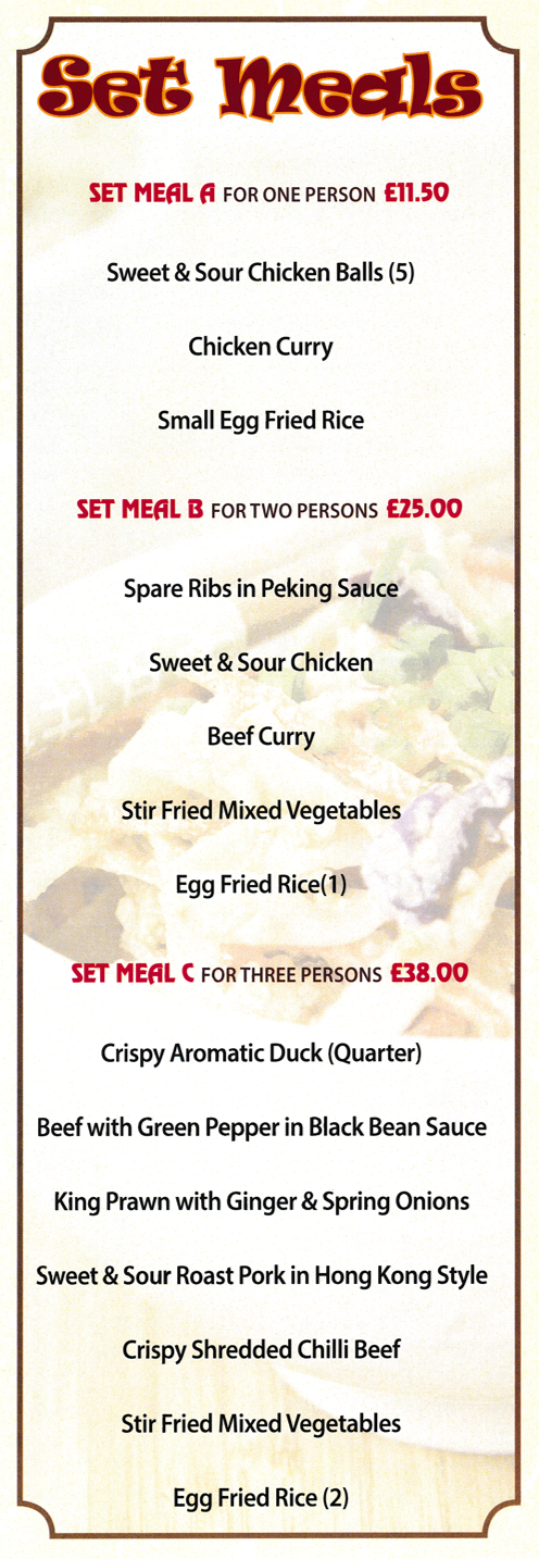 Menu for China Town Menu for China Town Chinese, Cantonese, Peking and Thai food takeaway on Carlton Hill in Nottingham