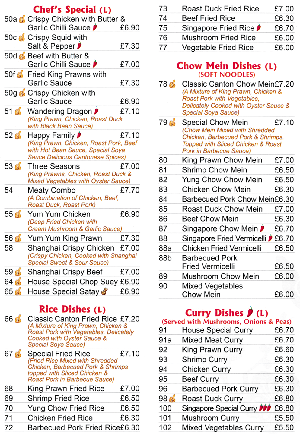 Menu for Classic Canton (Three Seasons, Happy Family, Wandering Dragon, Special Chow Mein, Yum Yum King Prawn Shanghai Crispy Chicken..)