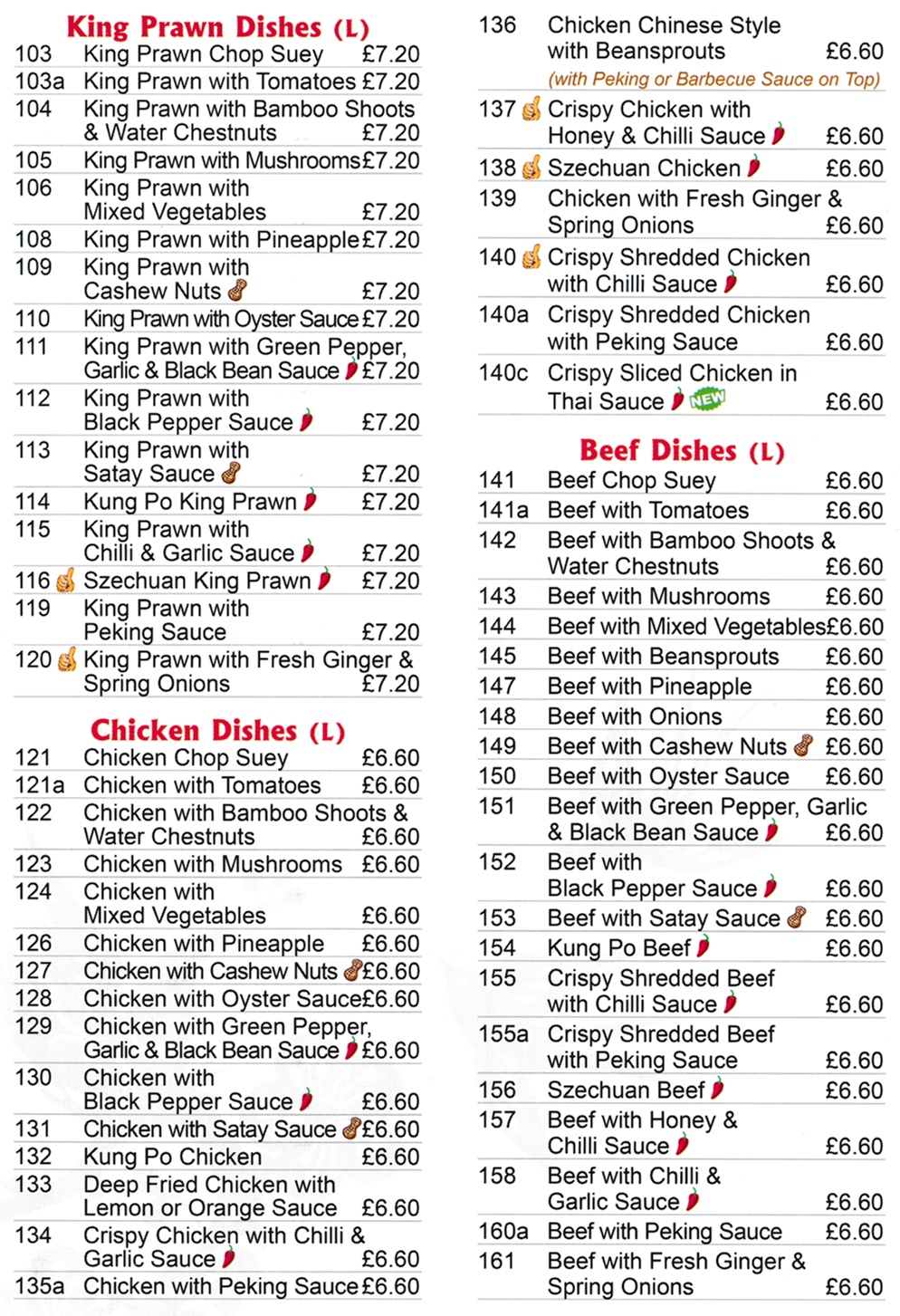 Menu for Classic Canton (Beef Chop Suey, Szechaun Chicken, Kung Po King Prawn, Beef with Peking Sauce, Deep Fried Chicken with Lemon Sauce..)